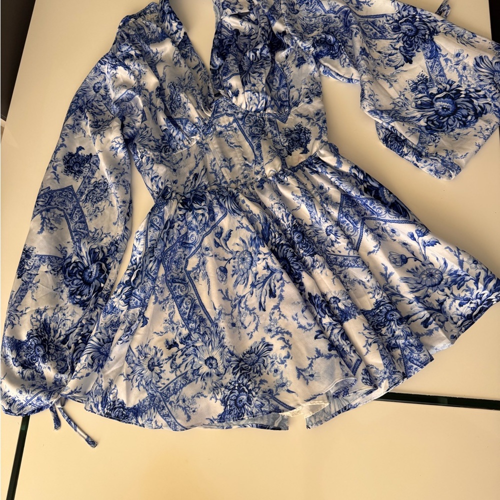 Velvet Blue and White Bishop Sleeve V-Neck Sundress